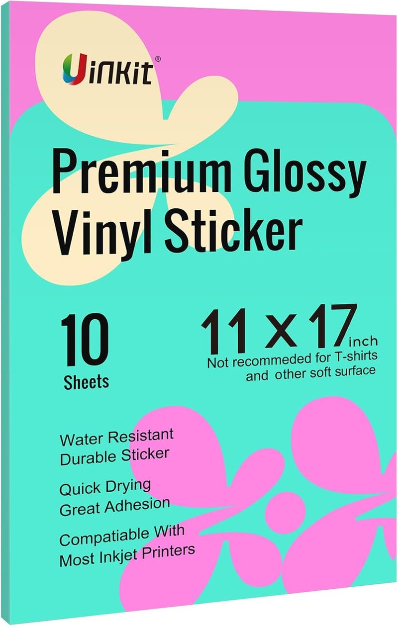 Uinkit Premium Vinyl Sticker for Inkjet Printer 11x17 inch Glossy White Sticker Paper 10Sheets Waterproof Label Vivid Color,Tear-Resistant, Removable - Image 1